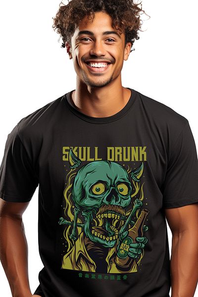 StoryGift Romania Men's T-Shirt With Skeleton Portrait Skull Man With Orange Shirt And Horns, Glass IN Man