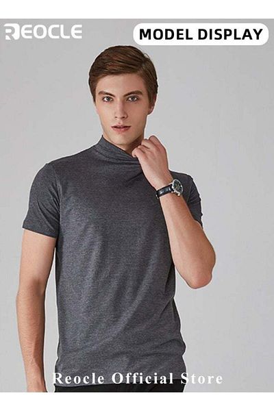 REOCLE Men's T Shirt Short Sleeve Basic Turtleneck Slim Fit Undershirt Pullover Solid Tops