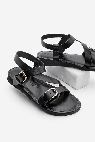 Marjin Lässige Damensandalen aus echtem Leder mit Eva-Sohle und Knöchelriemen und Schnalle in Schwarz