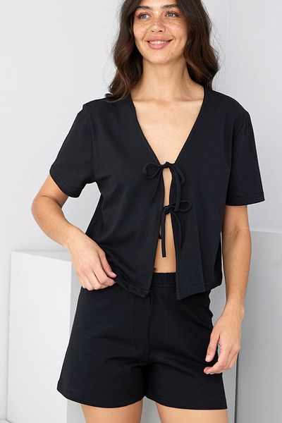 Siyah İnci Black Tied Knitted Shorts Set7888