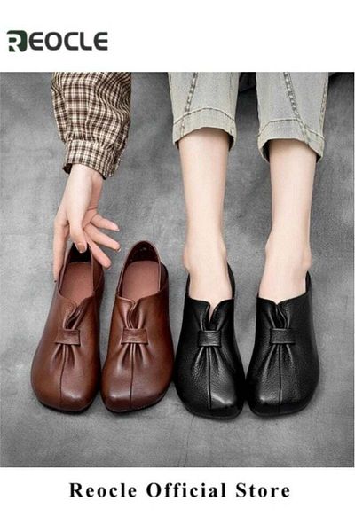 REOCLE Women's Loafers Soft Leather Loafers Comfort Casual Quilted Leather Slip On