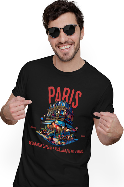 StoryGift Romania Tricou Barbati Cladire Pe Colt Text Paris Acolo Unde Cafeau...