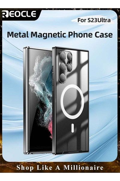 REOCLE Phone Case Drop-Resistant Metal Shell Frosted Semi-Transparent Phone Case for Samsung S23 Ultra