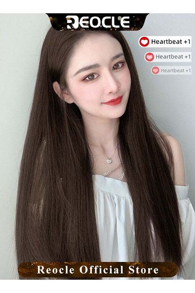REOCLE Long Straight Highlight Hair Extension Synthetic with 5 Pcs 50cm Light Brown for Women