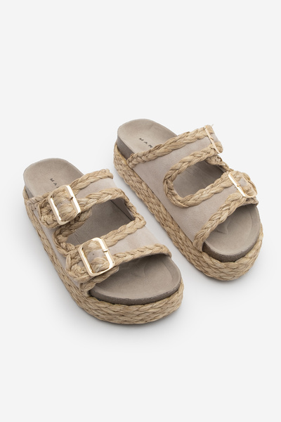 Marjin Damen-Hausschuhe aus echtem Leder mit dicker Strohsohle und doppeltem Band, geflochten, Barno Beige Wildleder