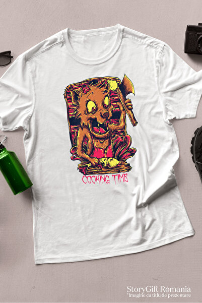 StoryGift Romania Men's T-Shirt With Portrait of Crazy Cat with an Axe and Dead Fish, Text in English Cooking