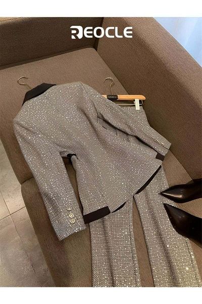 REOCLE Jacket & Pants Suit Women's Plaid Color Matching Suit Spring Two-piece Set Trendy