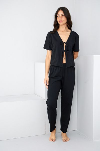 Siyah İnci Black Tied Knitted Pajama Suit7889