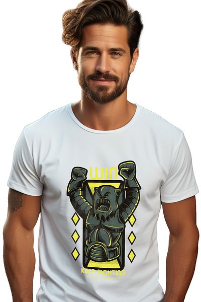 StoryGift Romania Tricou bărbătesc cu animal câștigător cu brațele sus, mănuși de box, text galben Wio, Love Stg