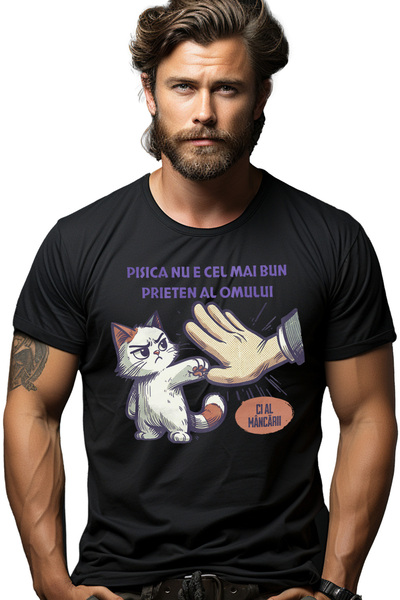 StoryGift Romania Tricou Barbati Pisica Batand Palma Cu Un Om, Text Haios Pis...