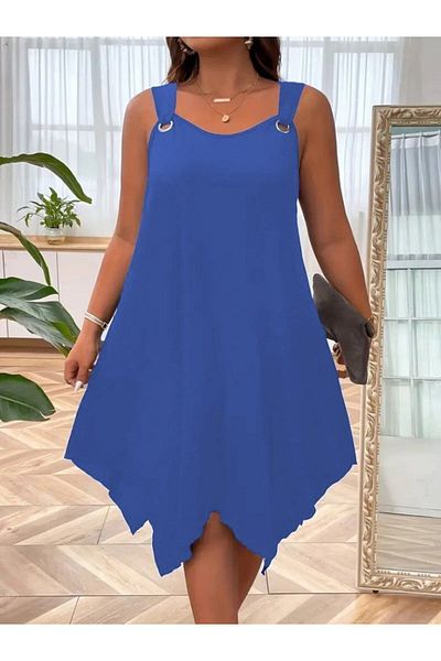 KAZAK Women's Strappy Round Neck Asymmetrical Viscose Dress with Bird Eye Detail