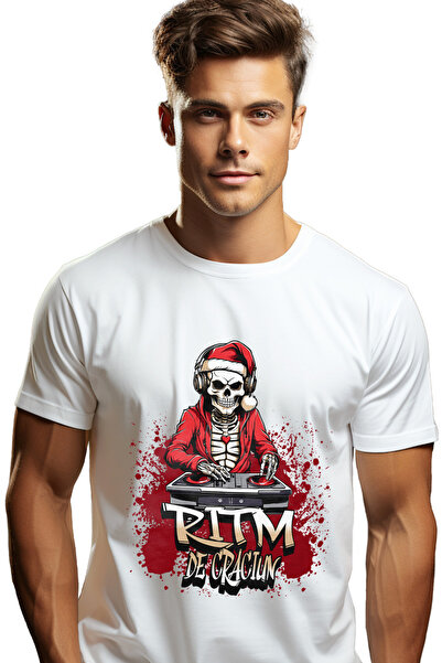 StoryGift Romania Tricou Barbati Ritm De Craciun Schelete Mos De Craciun Dj Cu Imprimeu Pe Fata, 100% Bumbac Stg