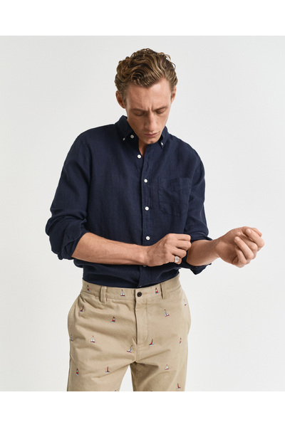 Gant Erkek Lacivert Regular Fit Düğmeli Yaka Keten Gömlek