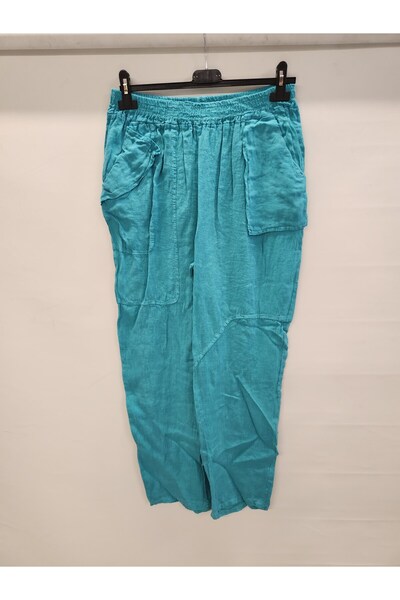 della moor Turquoise Women's Italian Narrow-Leg Straight-Leg Linen Trousers S...