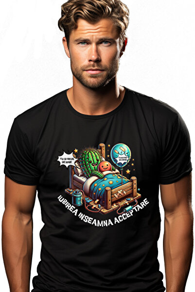StoryGift Romania Tricou Barbati Cuplu in pat cactus si balon acceptare defec...
