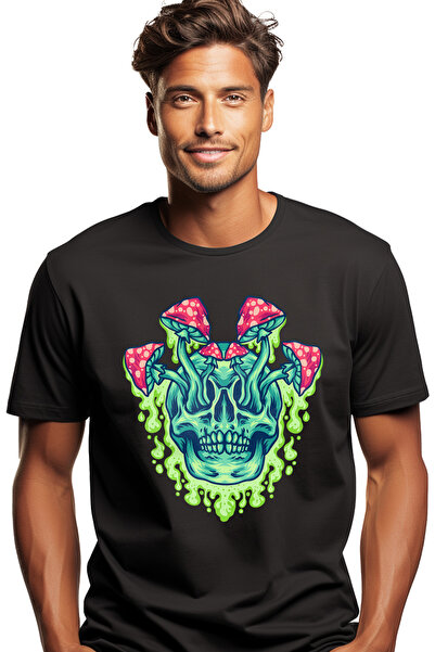 StoryGift Romania Tricou bărbătesc cu craniu, ciuperci, ilustrație abstractă,...