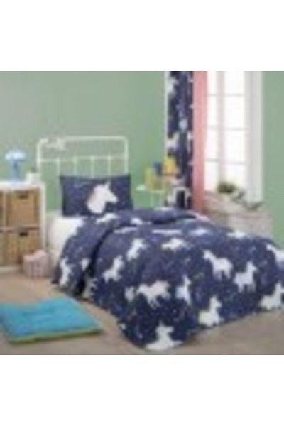 Eponj Home Set cuvertura matlasata + 1 fata perna, Eponj Home, Magic Unicorn Bleumarin