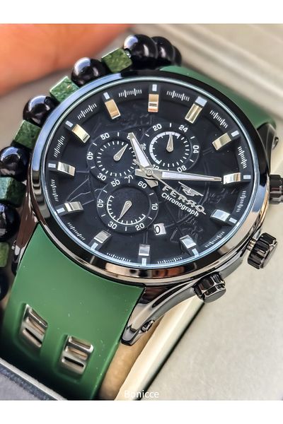 FERRO Sport Men's Watch, Active Functions, Green Silicone, with Calendar, Bracelet Gift