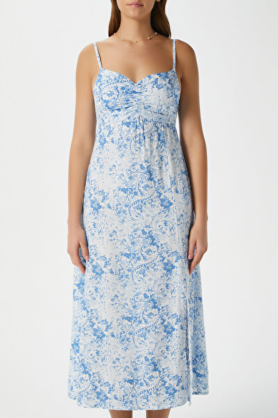 Ritnice Kadın Marta Mavi Beyaz Askılı Sırt Gipeli Viskon Elbise 15086