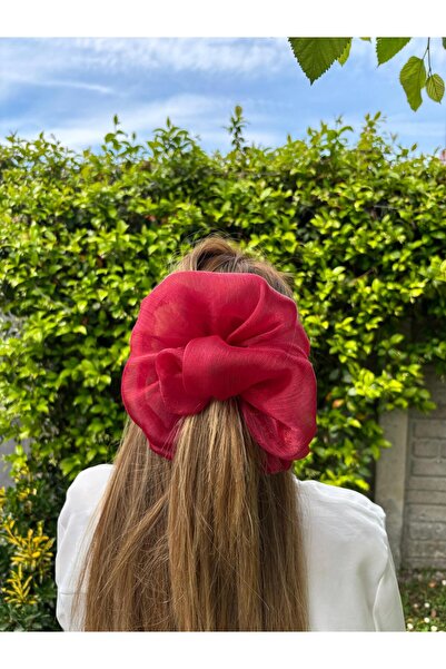 KİKİYS Parlak Kırmızı Kadın XXL Organze Saç Tokası Kadın Saç Aksesuarı Yılbaşı Tokası Scrunchie