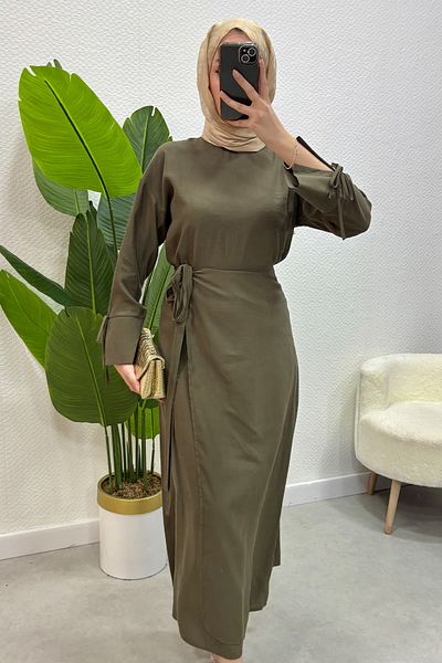 Tesettür Diyarı Khaki Color Women's Hijab Clothing - Skirt and Shirt Set with Side Tie Detail