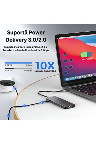 Velixo Hub USB-C 9 în 1, 2x HDMI 4K, VGA, 3x USB 3.0, PD 87W, cititor SD/TF, pentru laptop/MacBook/tabletă, gri