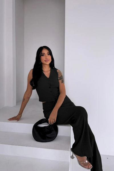 Siner Fashion Women's Black Vest High Waist Pants Set