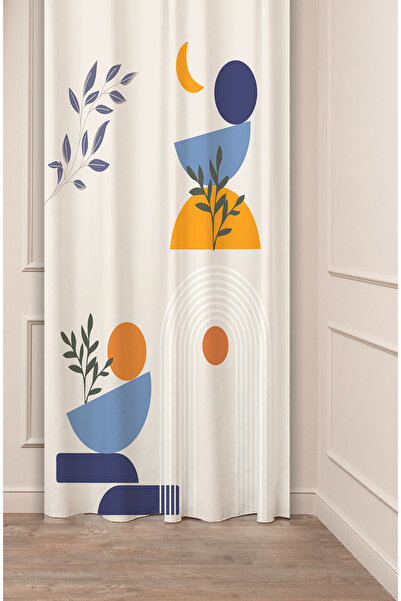 GREENDECOR Sun Moon Leaf Bohemian Patterned Special Design Digital Printed (Single Wing) Modern Stylish Beige Cream Background Curtain