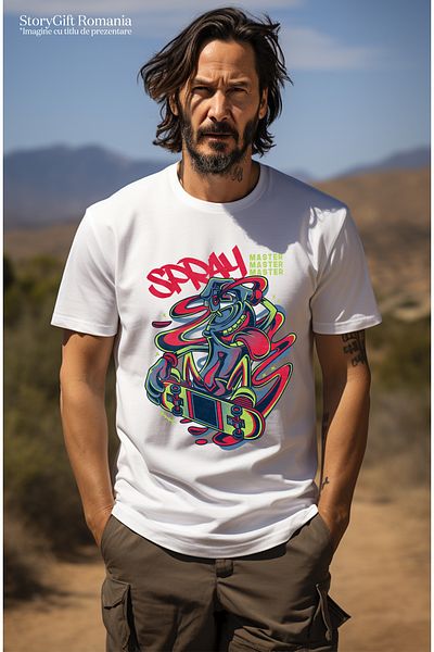 StoryGift Romania Tricou Barbati Cu Recipient De Spray De Graffiti Pe Skateboard, Text In Engleza Spray, Cu STG