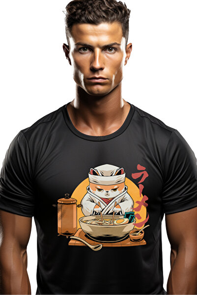StoryGift Romania Tricou bărbătesc cu pisică, ramen, bucătar, asiatic, cu imp...