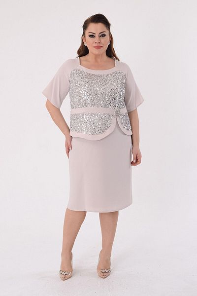 LİLAS XXL Large Size Cream Colored Sequined Crepe Evening Dress