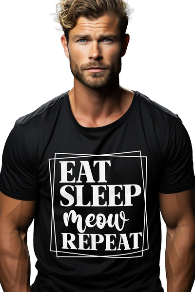 StoryGift Romania Tricou bărbătesc cu textul „mănâncă, somn, miau, repetă” - ...