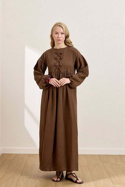 Ceylan Otantik Bitter Brown Muslin Bow Belroba Dress