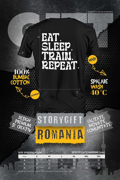 StoryGift Romania Men's T-shirt with the text "Eat. Sleep. Train. Repeat." - eat sleep travel by train STG