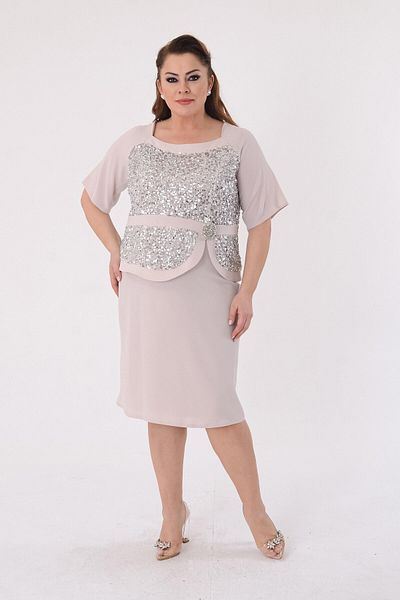 LİLAS XXL Large Size Cream Colored Sequined Crepe Evening Dress
