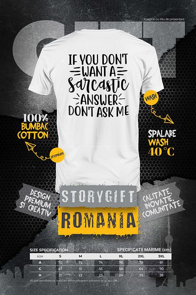 StoryGift Romania Men's T-shirt for those who only give sarcastic answers with print on the back, 100% B STG