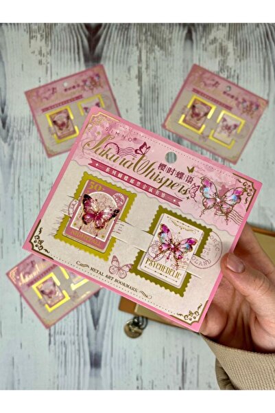 Kağıt Gemi Dükkan Elegant Butterflies Pink Color Metal Set of 2 Bookmarks/Paper Clips/Bookmark