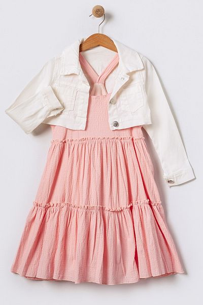 Bebüş Girl's White Jacket and Pink Dress Double Set Stylish Combination Set 15601