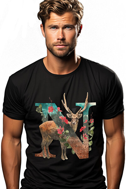 StoryGift Romania Tricou Barbati Cu Litera, N, Cerb, Flori, Cu Imprimeu Pe Fa...