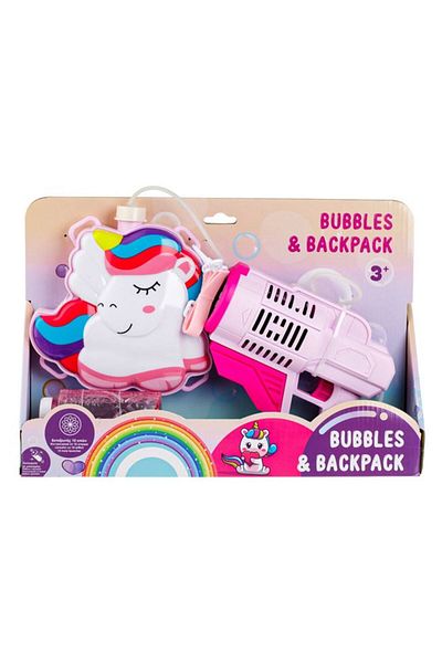 OEM Unicorn soap bubble machine toy and bag with liquid reservoir, Pink
