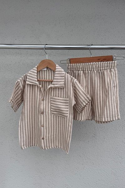 KALBEN ÇOCUK Boy's Brown Striped Muslin Shirt & Shorts Set - 100% Cotton Summer Combination (4-8 Years)
