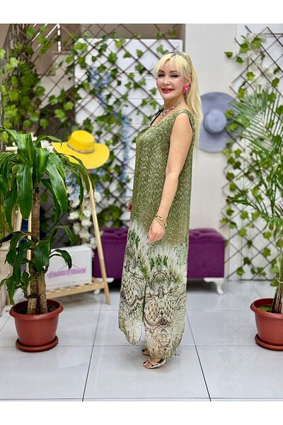 Punta Otantik Yg6420 One Shoulder Tie Strap Italian Silk Dress Khaki