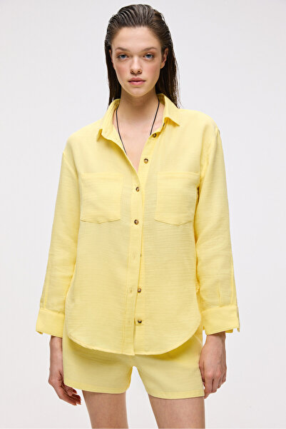GRIMELANGE Dens Kadın %100 Pamuk Muslin Kumaş Rahat Kesim Önü Düğmeli Ve Cepli Sarı Şort