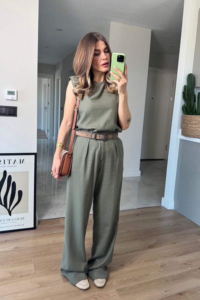 Sue Store Set pantaloni bluză de in fără mâneci căptușit kaki