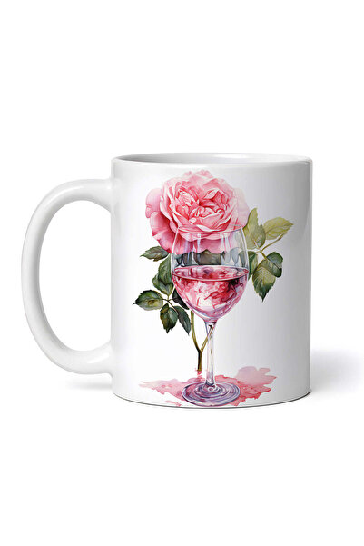 OEM Cană albă personalizată, pahar de vin și trandafir roz, INOVATIX®. 330ml