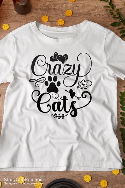 StoryGift Romania Men's T-shirt With Hearts For Crazy Cat Lovers With Print On The Front, 1 Stg