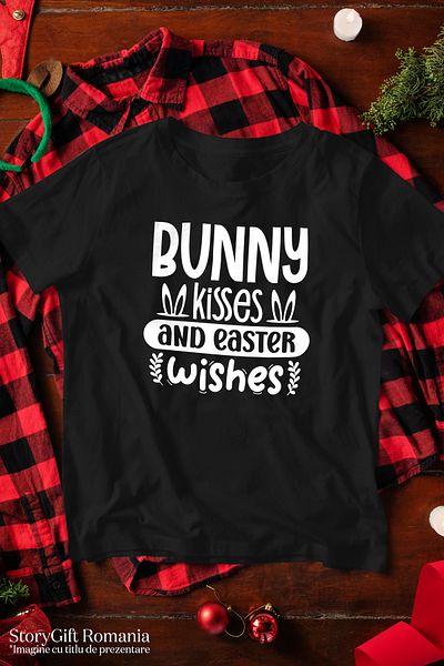 StoryGift Romania Tricou Barbati cu urechi de iepuras si mesajul "Pupici de iepure si dorinte de Paste" cu iSTG