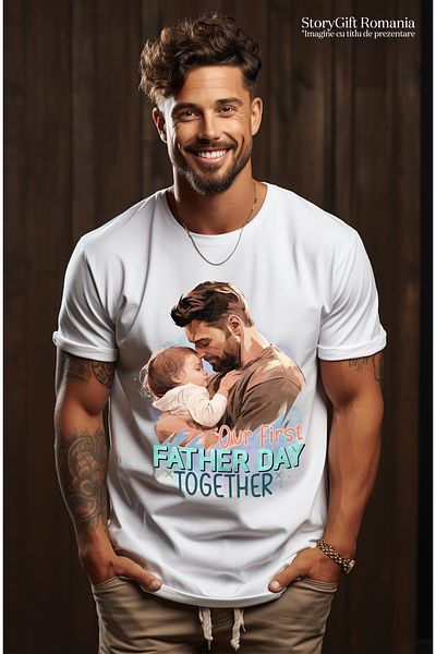 StoryGift Romania Tricou Barbati Cu Un Tata Care Isi Tine Copilul In Brate Cu Mesajul "our First Father Day Stg