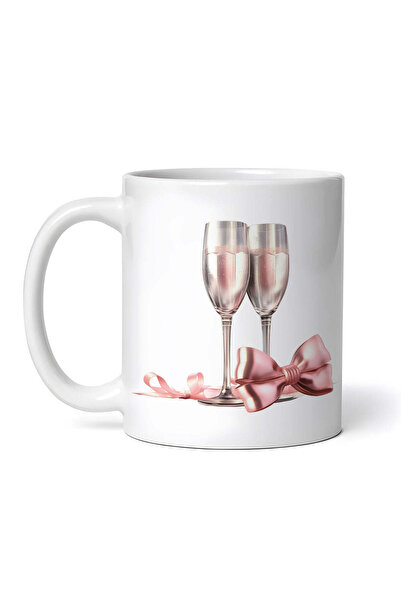 OEM Cană albă personalizată, cupe de șampanie și fundă roz, INOVATIX®. 330ml