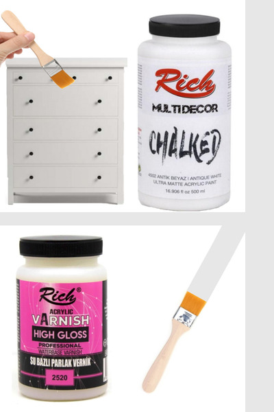 GLANCE Rich Multi Decor Chalked 500ml Antik Beyaz Akrilik Boya Parlak Vernik High Gloss 250 Cc Fırça Set